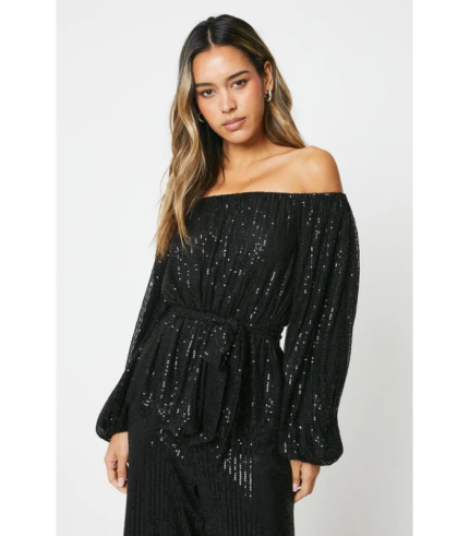 Sequin Bardot Long Sleeve Blouse