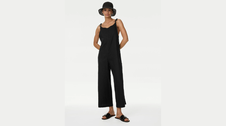 Linen Rich Wide Leg Cropped Jumpsuit 